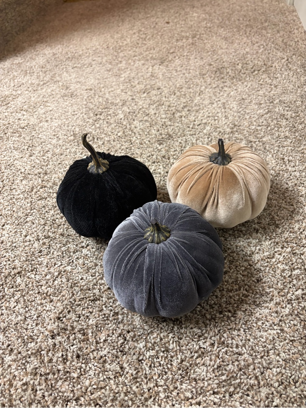 Velvet Decorative Pumpkin Trio - Black, Gray, Tan